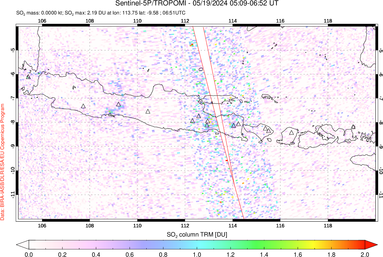 A sulfur dioxide image over Java, Indonesia on May 19, 2024.