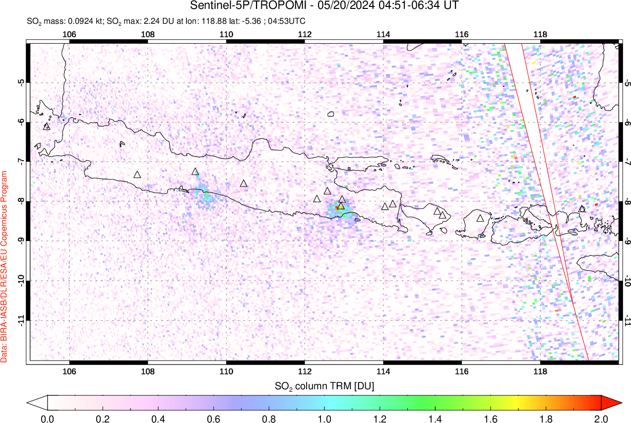 A sulfur dioxide image over Java, Indonesia on May 20, 2024.