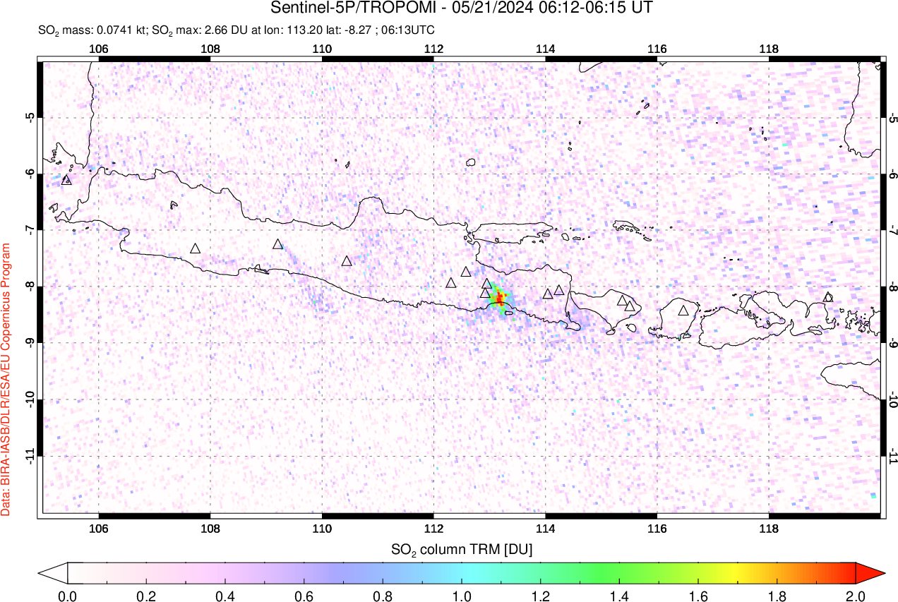 A sulfur dioxide image over Java, Indonesia on May 21, 2024.