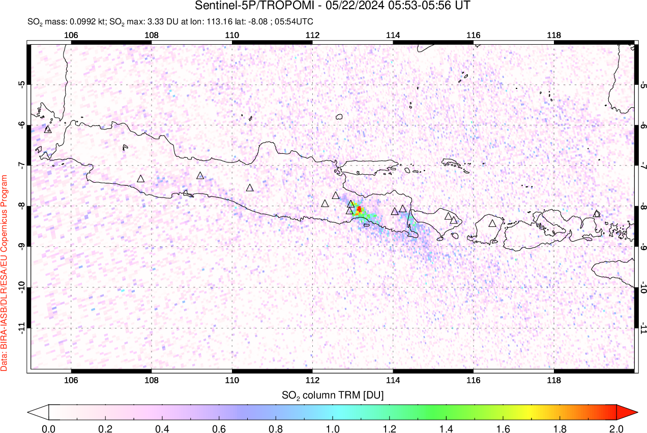 A sulfur dioxide image over Java, Indonesia on May 22, 2024.