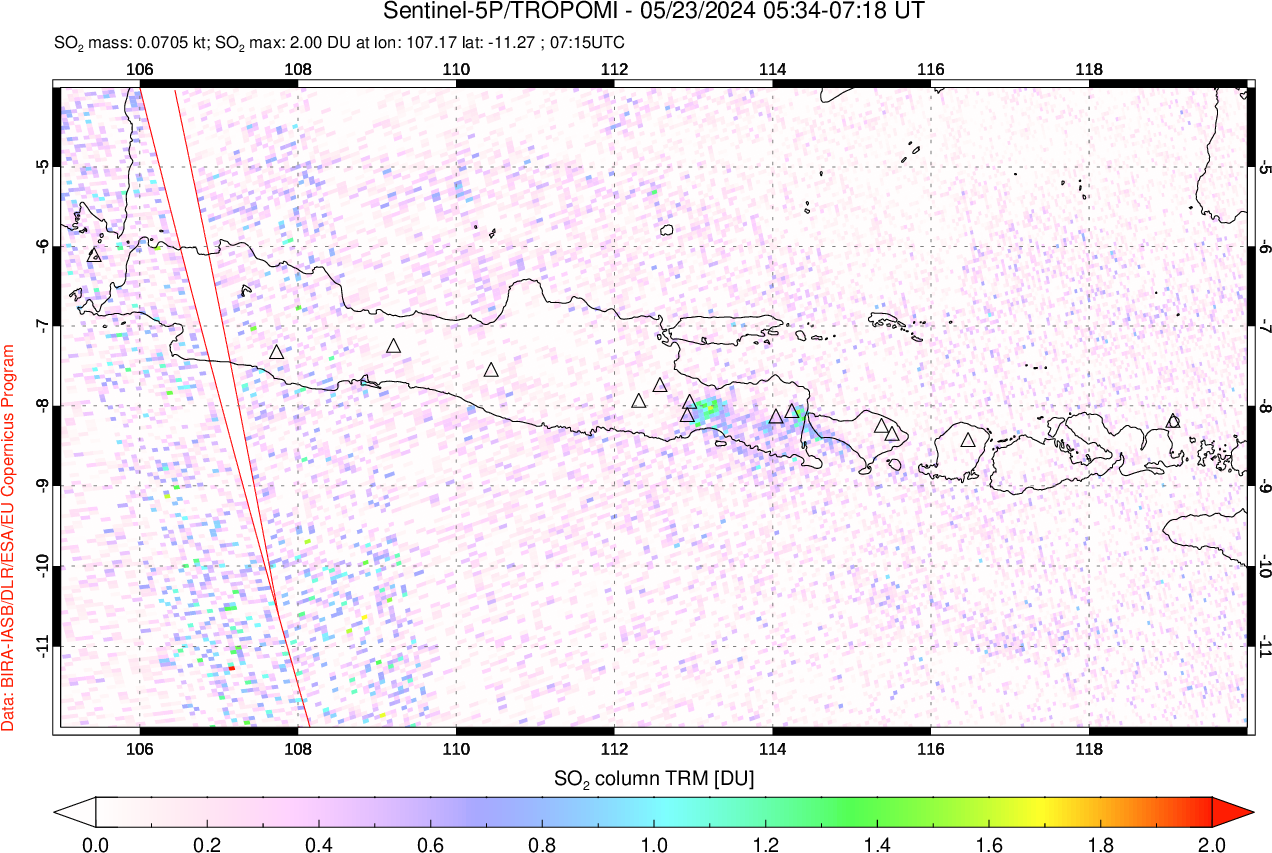 A sulfur dioxide image over Java, Indonesia on May 23, 2024.