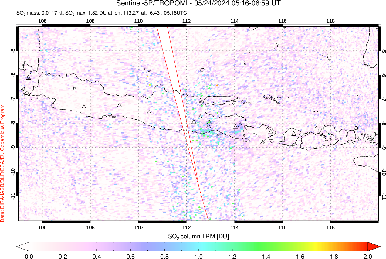 A sulfur dioxide image over Java, Indonesia on May 24, 2024.