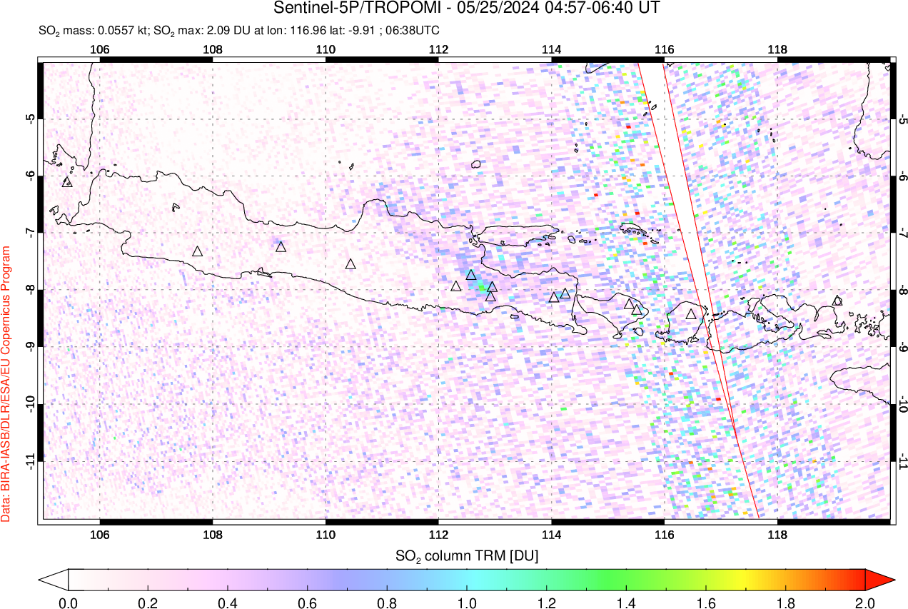 A sulfur dioxide image over Java, Indonesia on May 25, 2024.