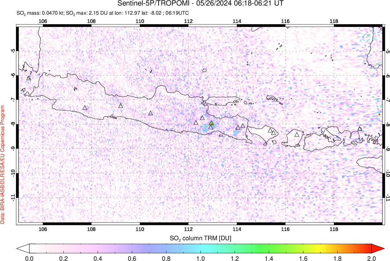 A sulfur dioxide image over Java, Indonesia on May 26, 2024.