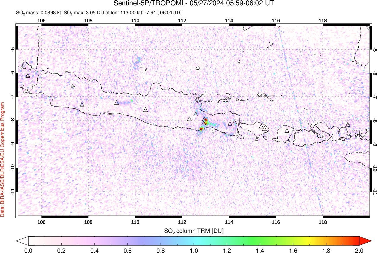 A sulfur dioxide image over Java, Indonesia on May 27, 2024.