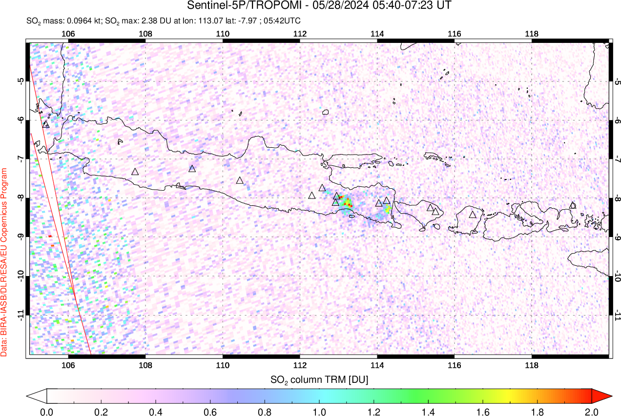 A sulfur dioxide image over Java, Indonesia on May 28, 2024.