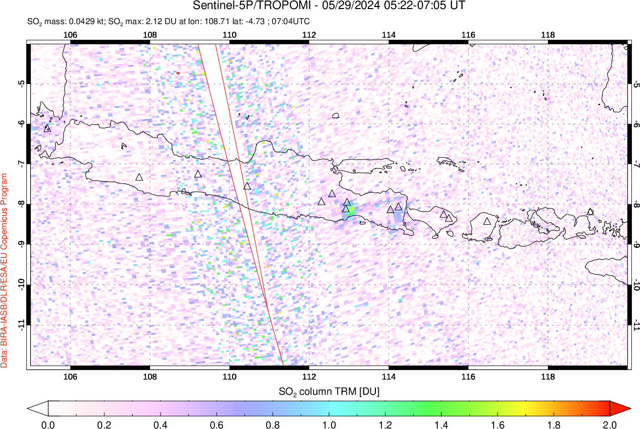 A sulfur dioxide image over Java, Indonesia on May 29, 2024.