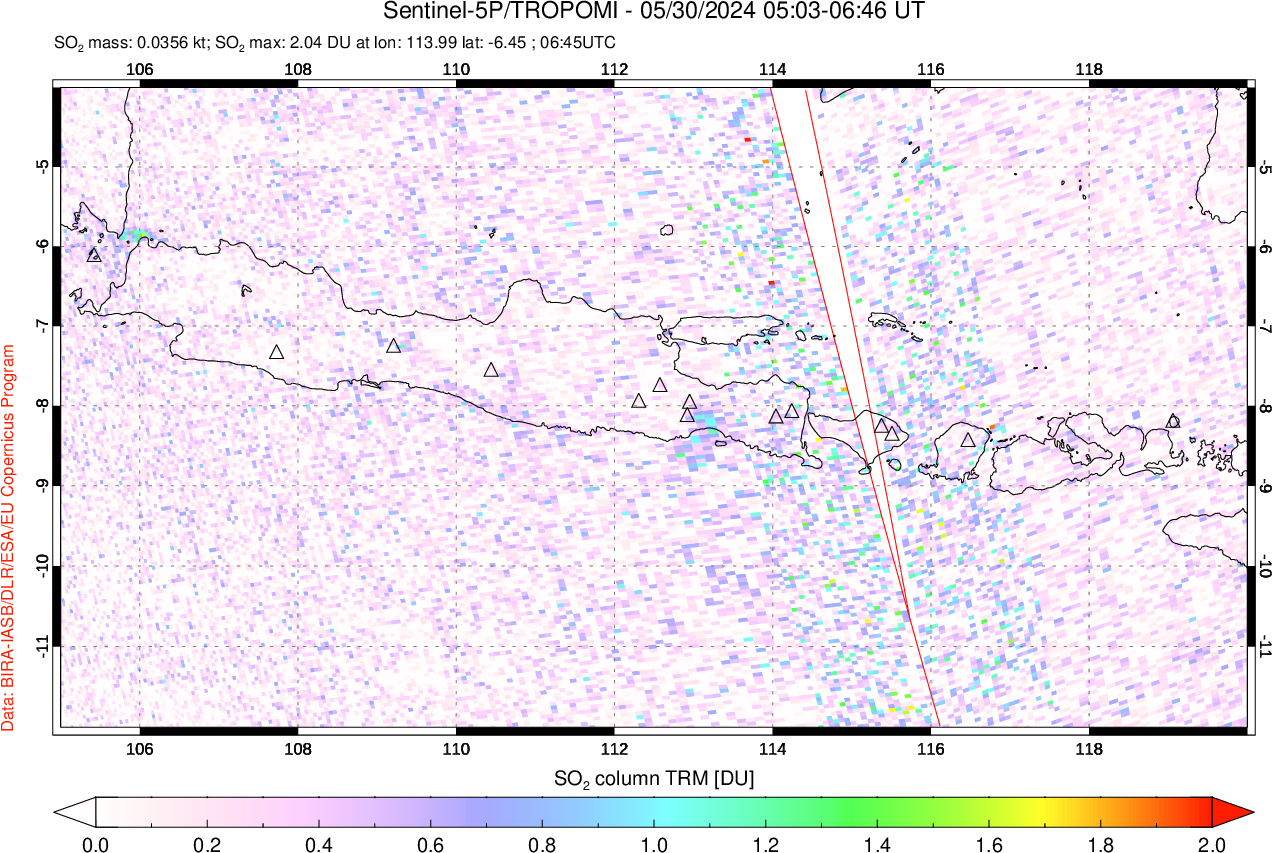 A sulfur dioxide image over Java, Indonesia on May 30, 2024.