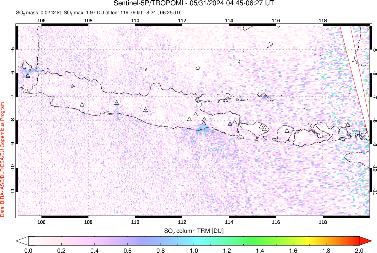 A sulfur dioxide image over Java, Indonesia on May 31, 2024.