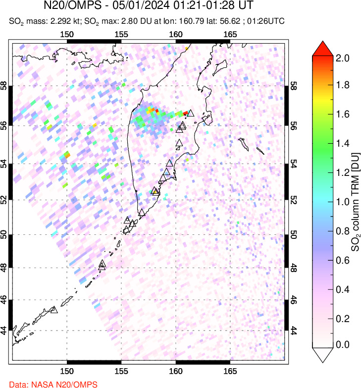 A sulfur dioxide image over Kamchatka, Russian Federation on May 01, 2024.