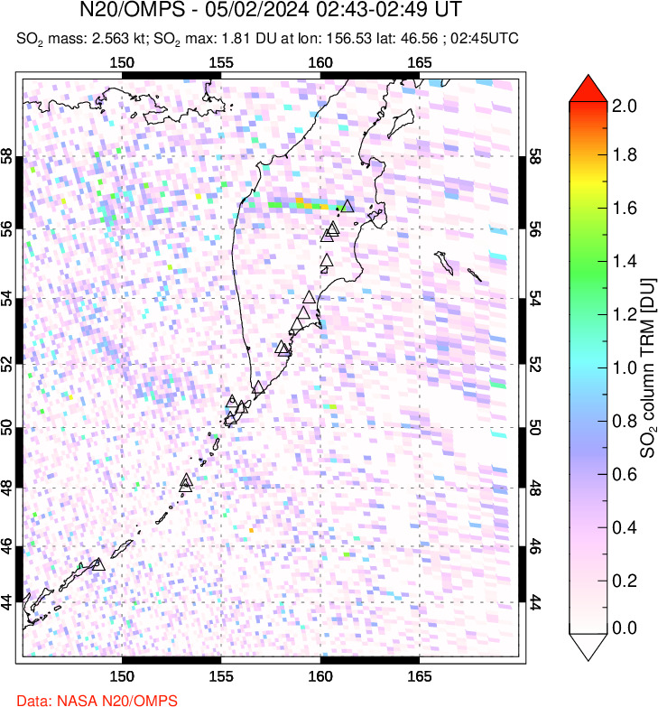 A sulfur dioxide image over Kamchatka, Russian Federation on May 02, 2024.