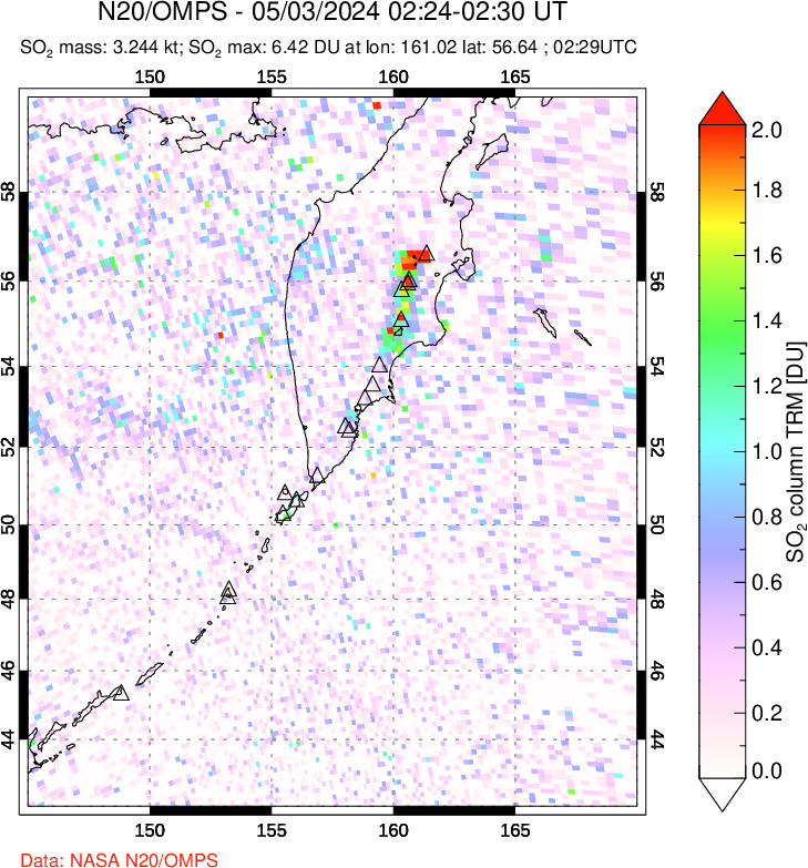 A sulfur dioxide image over Kamchatka, Russian Federation on May 03, 2024.