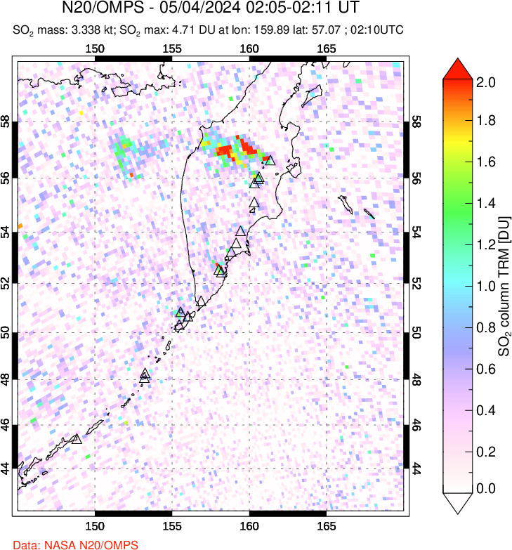 A sulfur dioxide image over Kamchatka, Russian Federation on May 04, 2024.