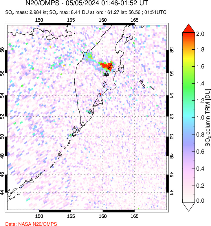 A sulfur dioxide image over Kamchatka, Russian Federation on May 05, 2024.