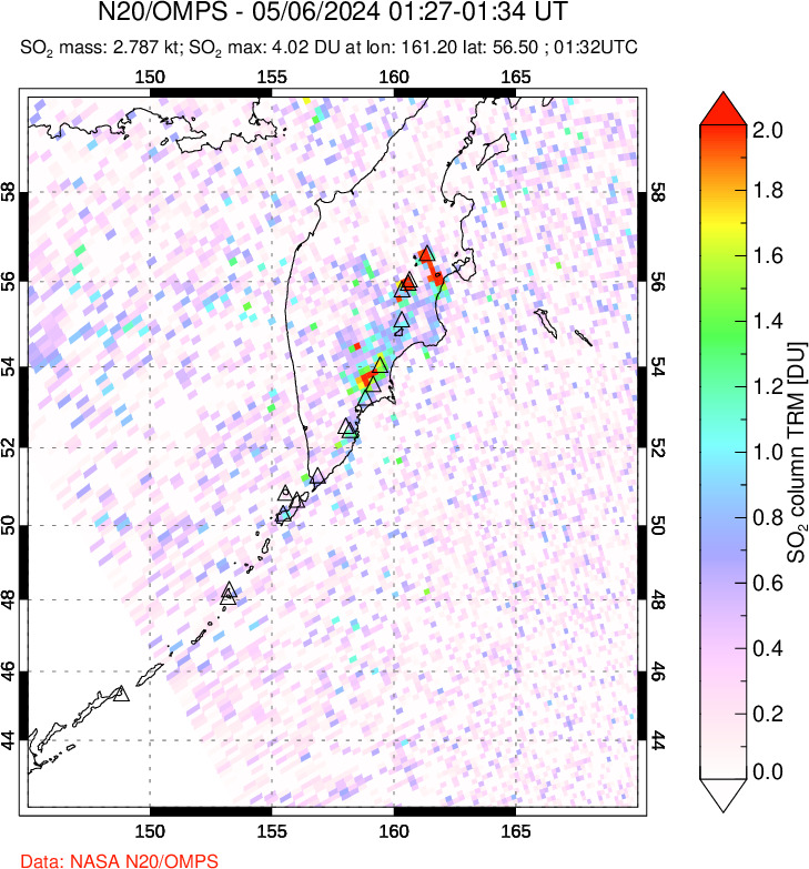 A sulfur dioxide image over Kamchatka, Russian Federation on May 06, 2024.