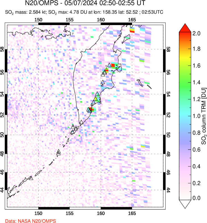 A sulfur dioxide image over Kamchatka, Russian Federation on May 07, 2024.