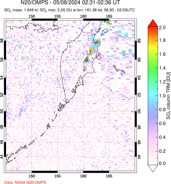 A sulfur dioxide image over Kamchatka, Russian Federation on May 08, 2024.