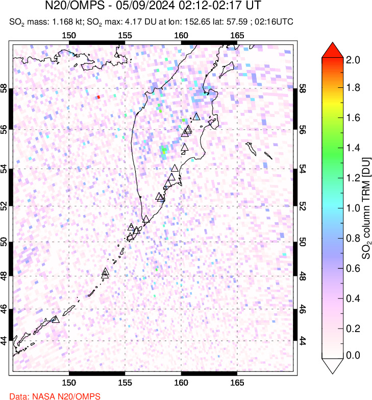 A sulfur dioxide image over Kamchatka, Russian Federation on May 09, 2024.