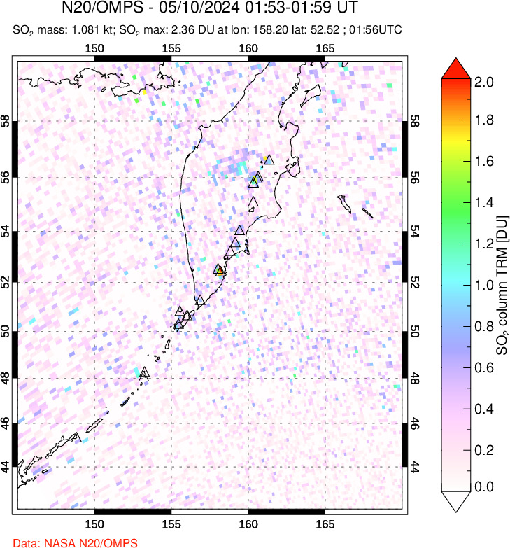 A sulfur dioxide image over Kamchatka, Russian Federation on May 10, 2024.