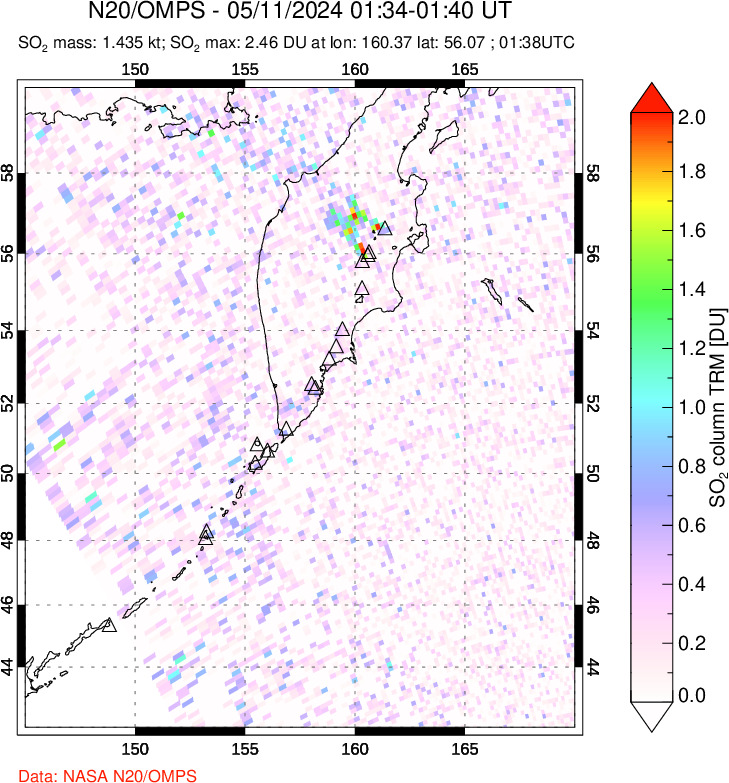 A sulfur dioxide image over Kamchatka, Russian Federation on May 11, 2024.