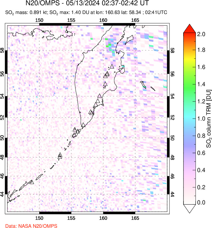 A sulfur dioxide image over Kamchatka, Russian Federation on May 13, 2024.