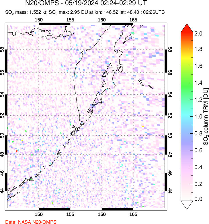 A sulfur dioxide image over Kamchatka, Russian Federation on May 19, 2024.