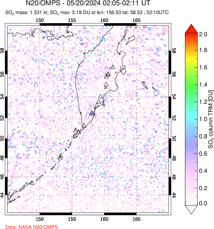 A sulfur dioxide image over Kamchatka, Russian Federation on May 20, 2024.