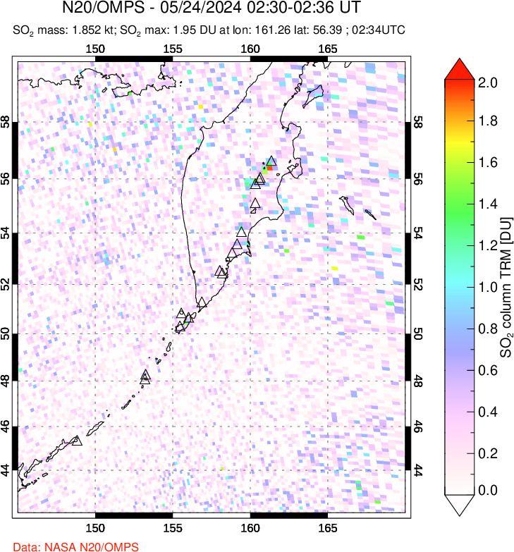 A sulfur dioxide image over Kamchatka, Russian Federation on May 24, 2024.