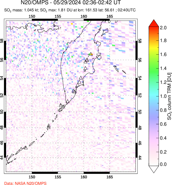 A sulfur dioxide image over Kamchatka, Russian Federation on May 29, 2024.