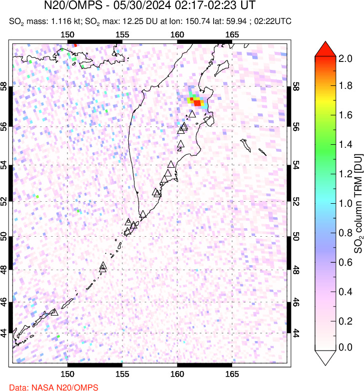 A sulfur dioxide image over Kamchatka, Russian Federation on May 30, 2024.