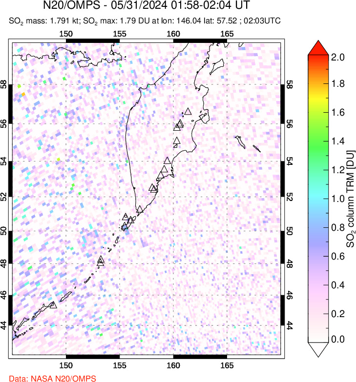 A sulfur dioxide image over Kamchatka, Russian Federation on May 31, 2024.