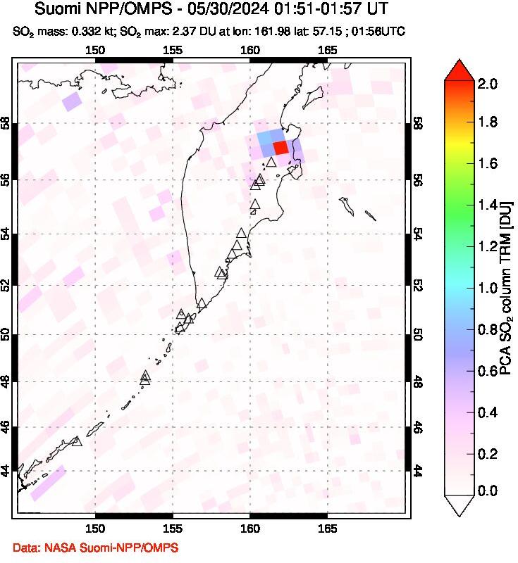 A sulfur dioxide image over Kamchatka, Russian Federation on May 30, 2024.