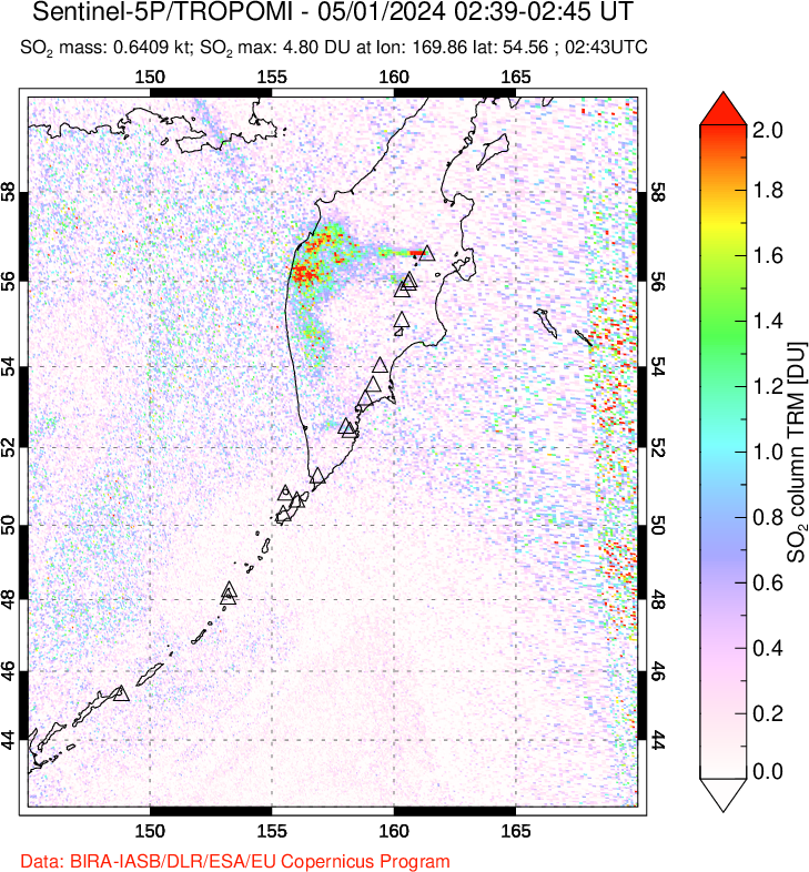 A sulfur dioxide image over Kamchatka, Russian Federation on May 01, 2024.