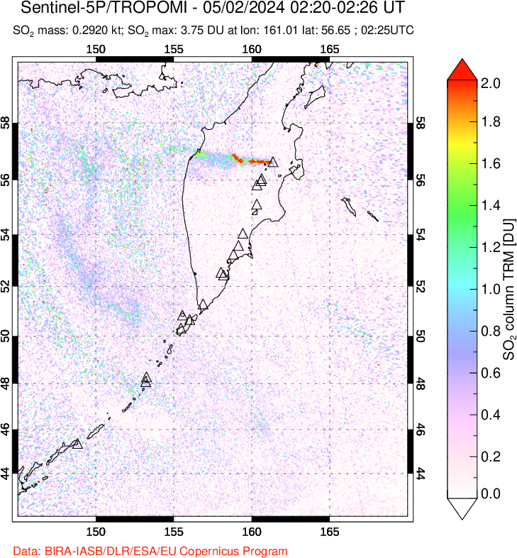 A sulfur dioxide image over Kamchatka, Russian Federation on May 02, 2024.