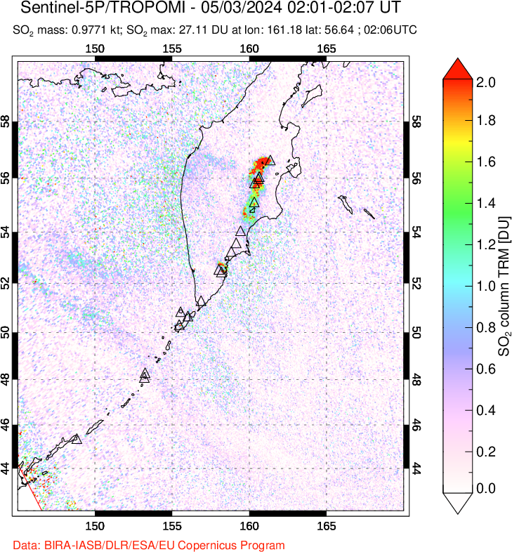 A sulfur dioxide image over Kamchatka, Russian Federation on May 03, 2024.