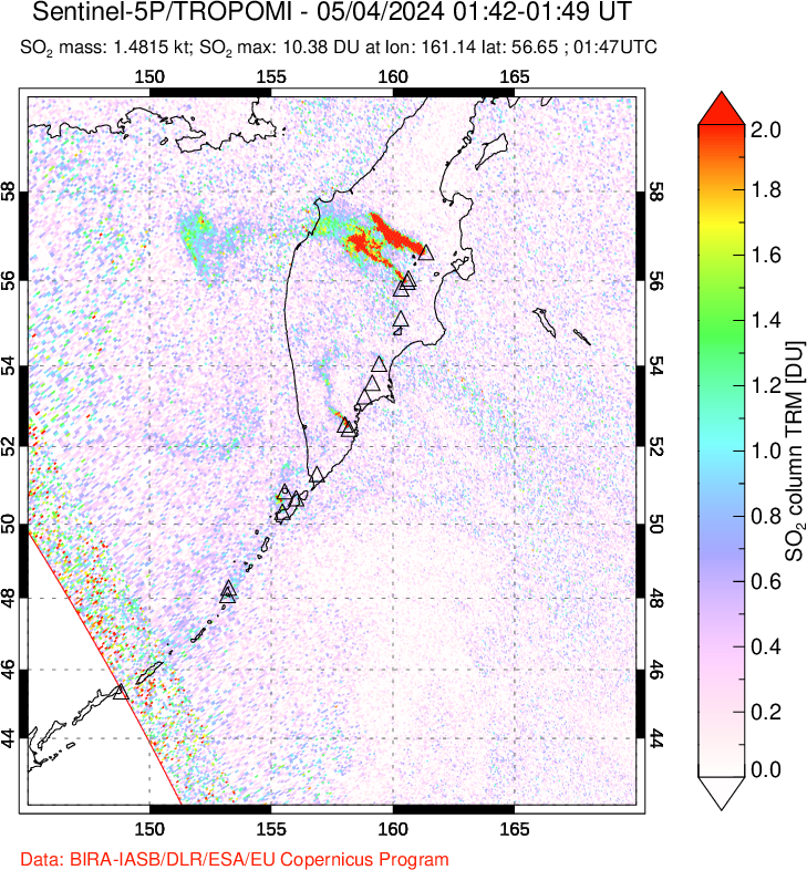 A sulfur dioxide image over Kamchatka, Russian Federation on May 04, 2024.