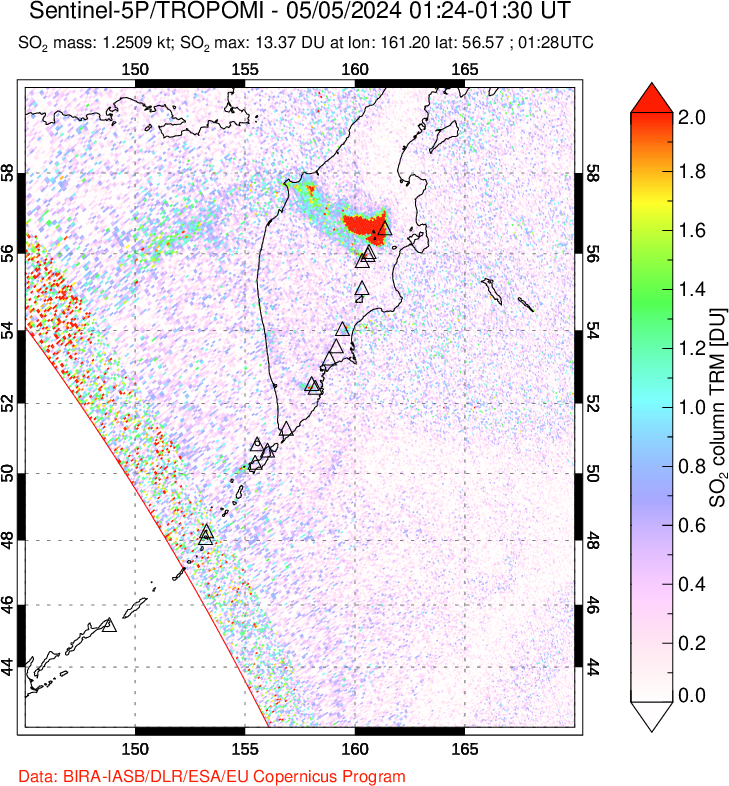 A sulfur dioxide image over Kamchatka, Russian Federation on May 05, 2024.