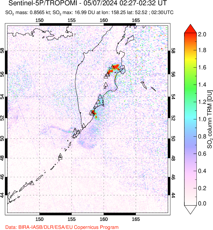 A sulfur dioxide image over Kamchatka, Russian Federation on May 07, 2024.