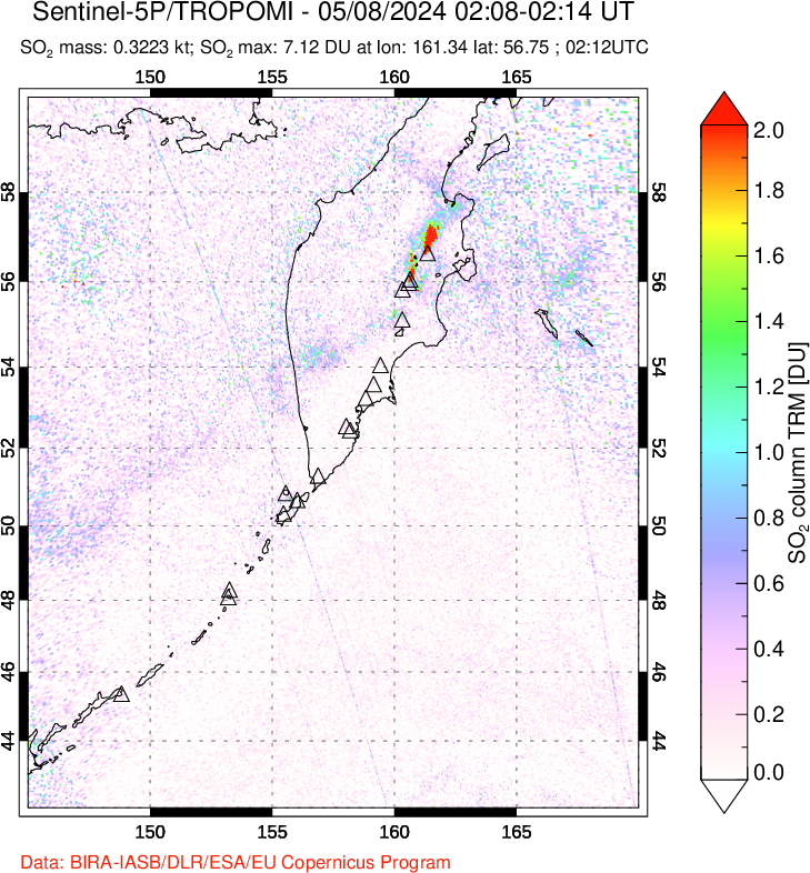 A sulfur dioxide image over Kamchatka, Russian Federation on May 08, 2024.