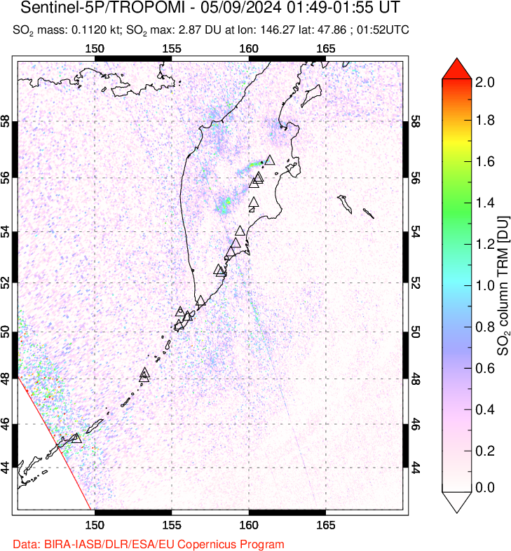 A sulfur dioxide image over Kamchatka, Russian Federation on May 09, 2024.