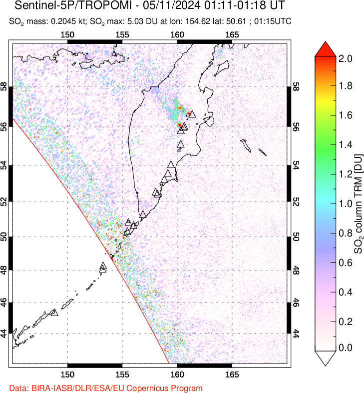 A sulfur dioxide image over Kamchatka, Russian Federation on May 11, 2024.