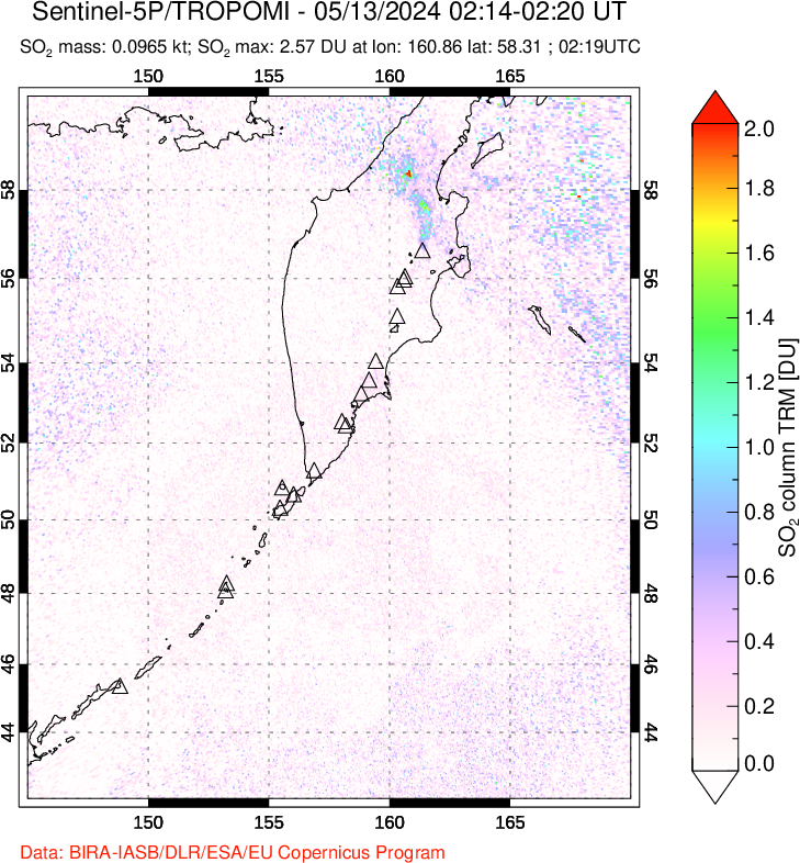 A sulfur dioxide image over Kamchatka, Russian Federation on May 13, 2024.