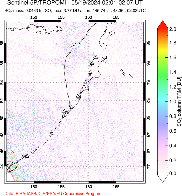 A sulfur dioxide image over Kamchatka, Russian Federation on May 19, 2024.