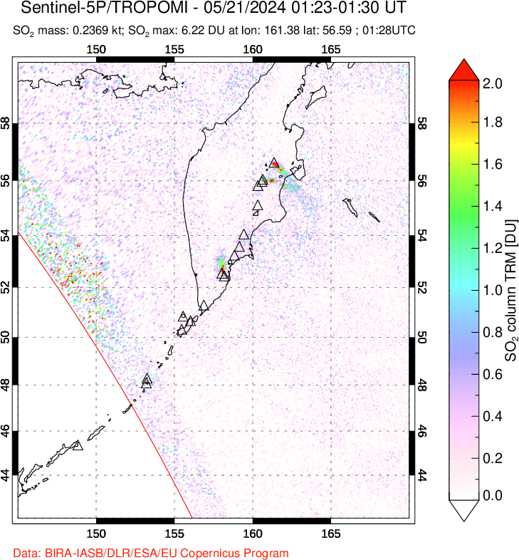 A sulfur dioxide image over Kamchatka, Russian Federation on May 21, 2024.