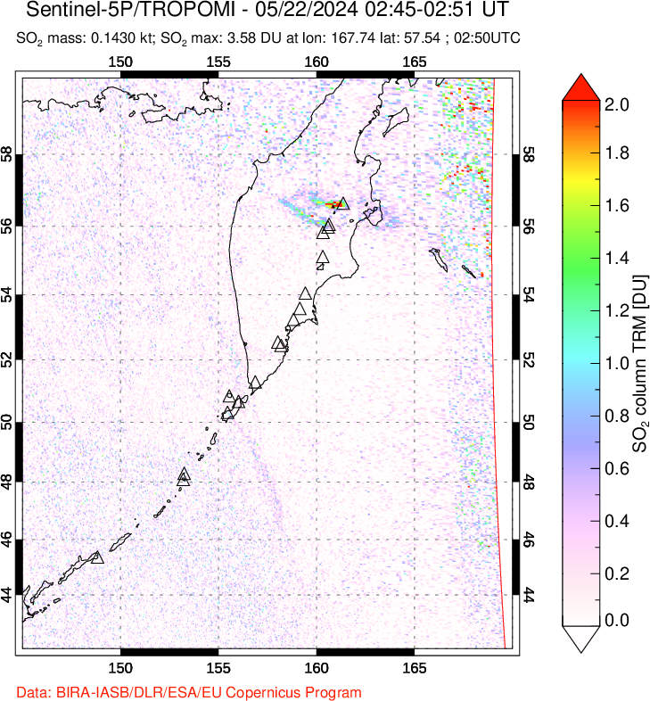 A sulfur dioxide image over Kamchatka, Russian Federation on May 22, 2024.