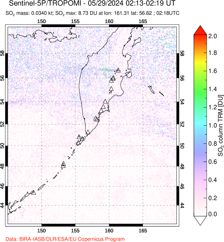 A sulfur dioxide image over Kamchatka, Russian Federation on May 29, 2024.