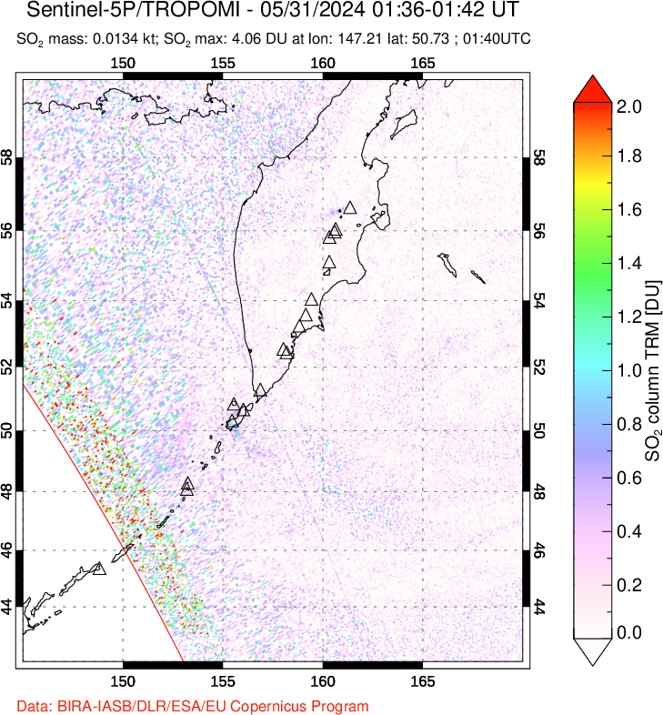 A sulfur dioxide image over Kamchatka, Russian Federation on May 31, 2024.