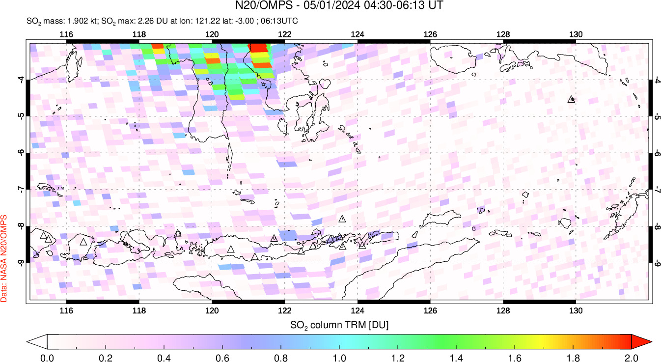 A sulfur dioxide image over Lesser Sunda Islands, Indonesia on May 01, 2024.