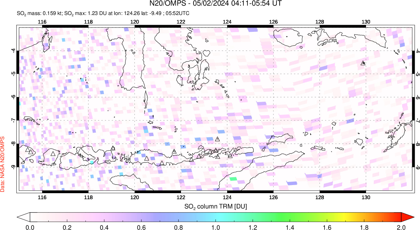 A sulfur dioxide image over Lesser Sunda Islands, Indonesia on May 02, 2024.