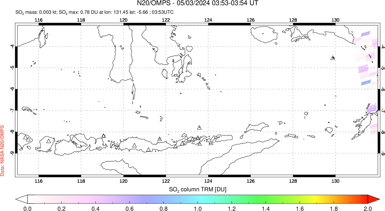 A sulfur dioxide image over Lesser Sunda Islands, Indonesia on May 03, 2024.